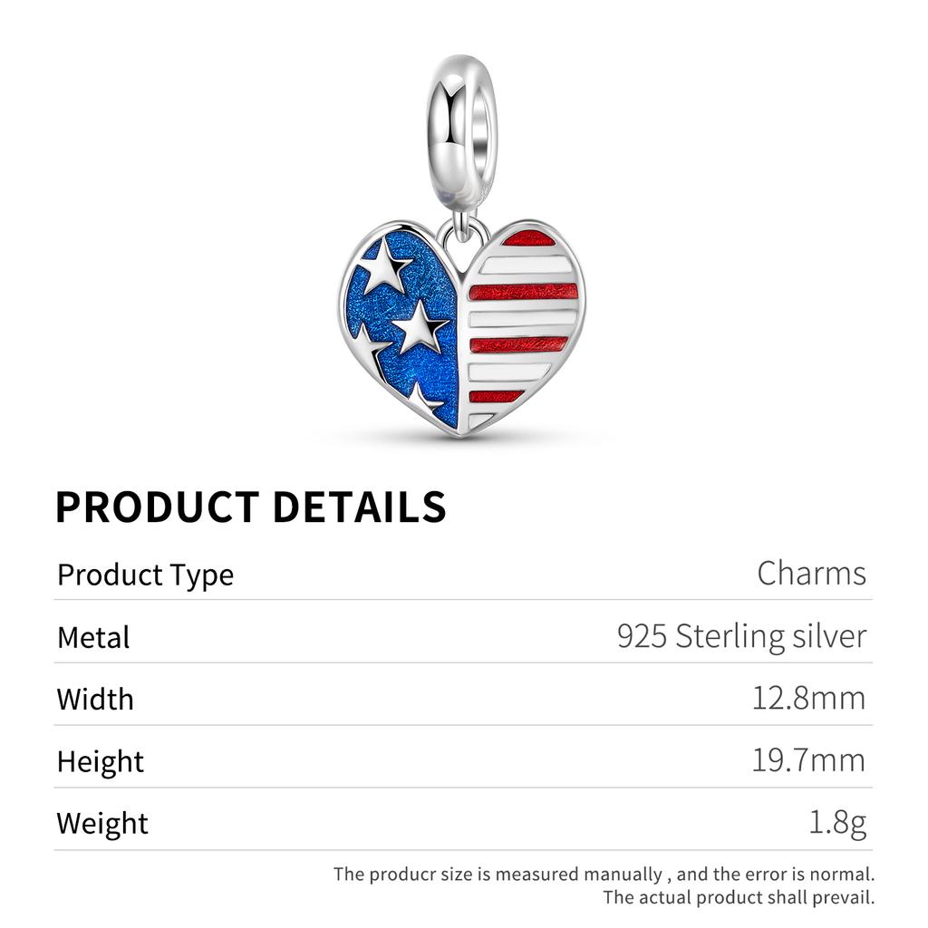 The Star Flag Pendant Charm Real 925 Sterling Silver Heart Shape Beads for Women Charm Bracelet Necklace Fashion Jewelry Making