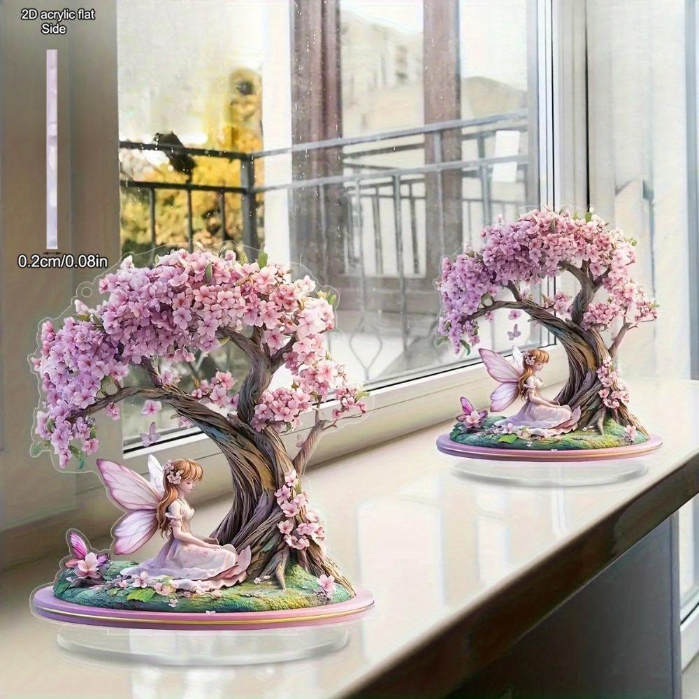 Wróżka Kwitnącej Wiśni Dekoracja Biurkowa - Elegancka Różowa Wróżka na Gałęzi Pełnej Kwiatów Wiśni, Odpowiednia na Wielkanoc, St. Dzień Świętego Patryka, Walentynki