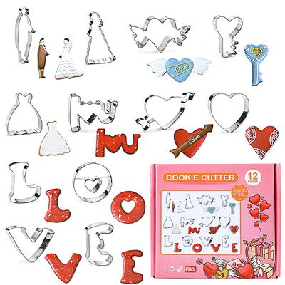 12PCS Stainless Steel Cookie Cutters Biscuit Mold for Valentines Day Wedding Party