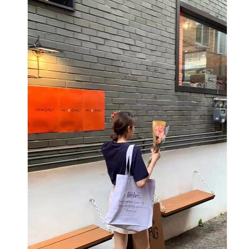 [Sofort lieferbar] Koreanische Bebe-Buchstaben-Stickerei auf Canvas-Tasche ins Koreanische Macaron-Studenten-Umhängetasche