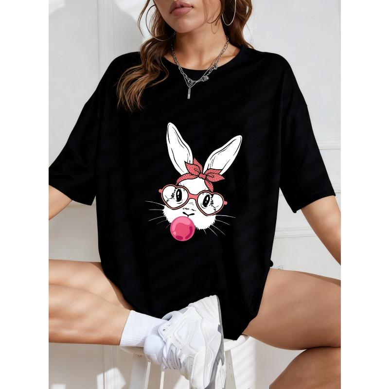 White T Shirt With Bunny Face Print And Pink Glasses For Casual Wear