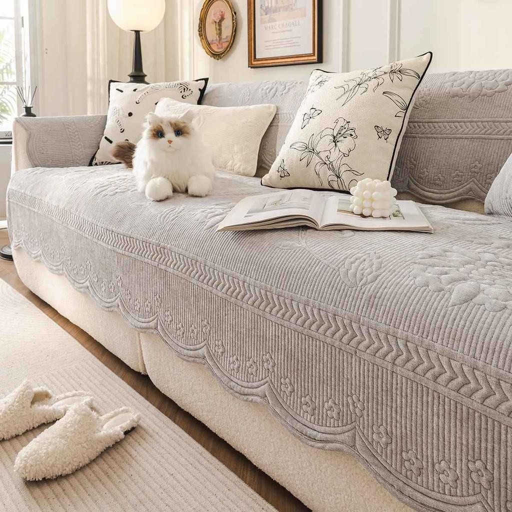 Solid color chenille sofa cushion, high-end sense, universal in all seasons, anti-cat scratch and non-slip, new straight row sofa, seat cushion cover