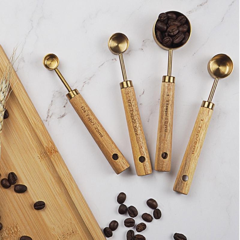 Set of 8 Baking Tool Set Stainless Steel Measuring Cups Measuring Spoons Wood Handle Kitchenwares for Coffee Powder