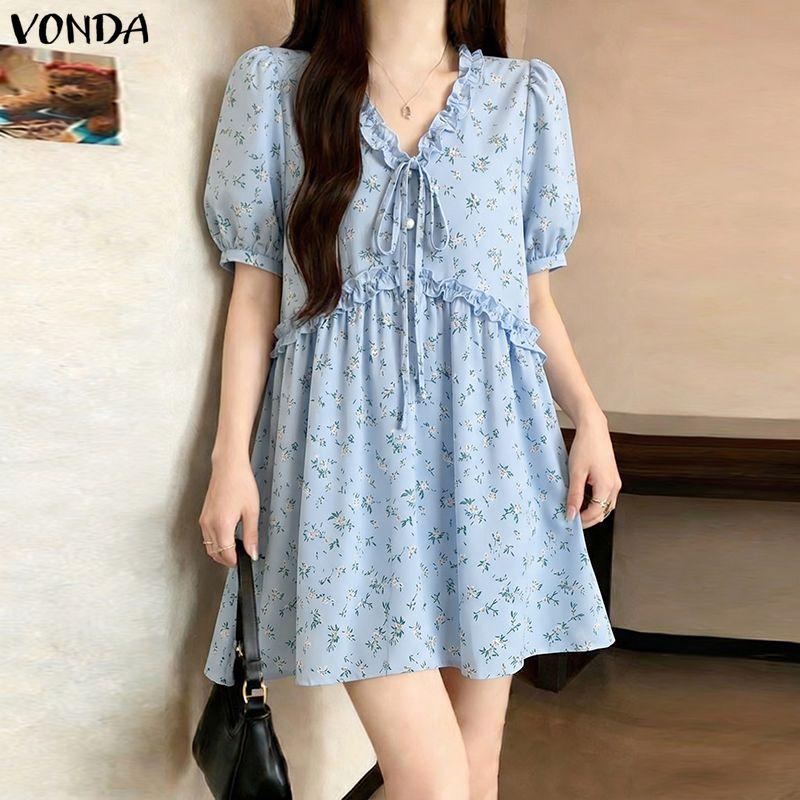 VONDA Summer Women Short Sleeve Floral Print Casual Mini Short Dress