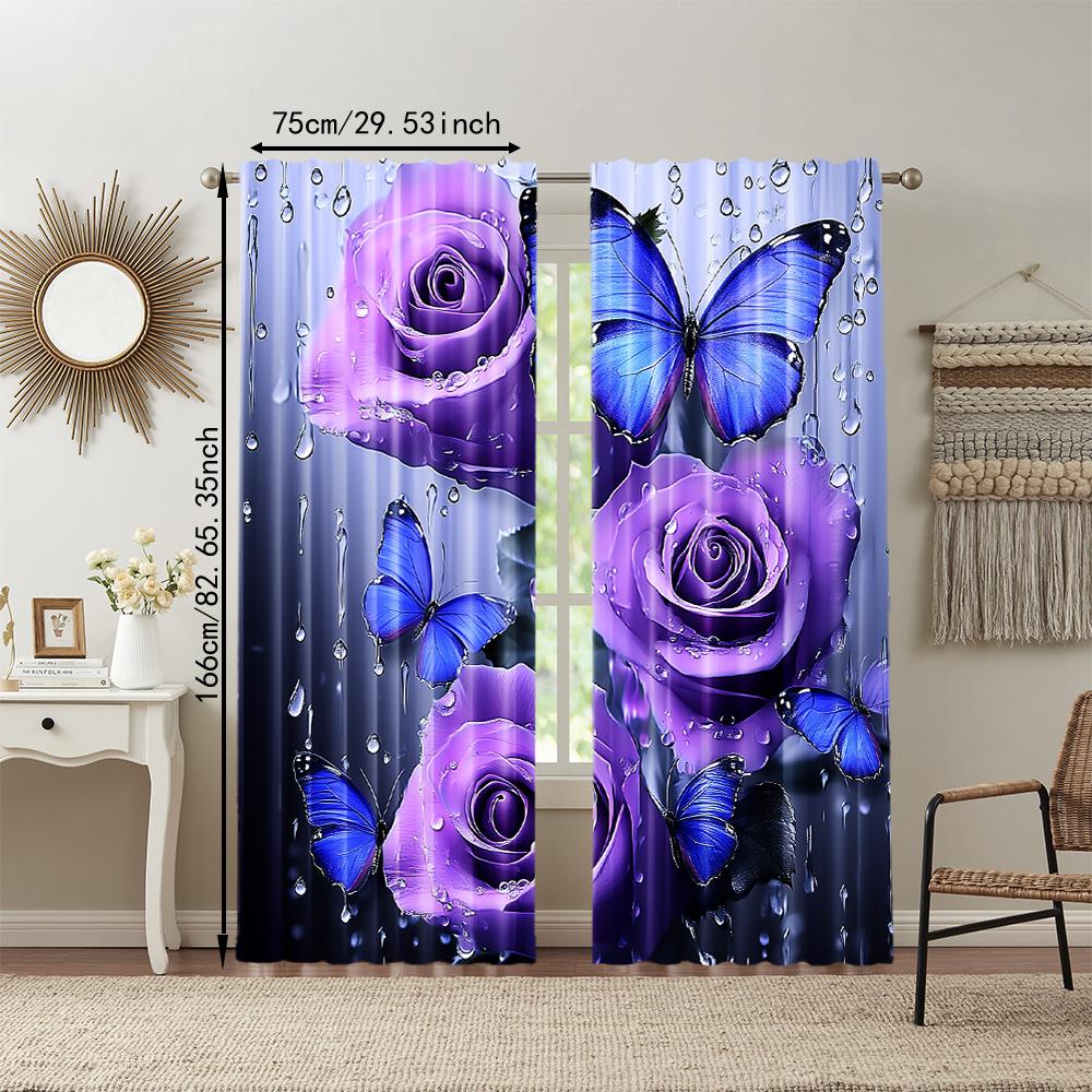 2Pcs Purple Rose Floral Print Curtains Artistic Decor For Bedroom And Living Room Polyester Rod Hole Machine Washable
