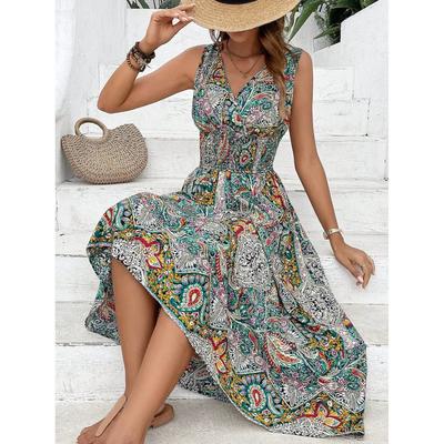 Women's Summer Sleeveless V-neck High Waist Printed Long Plus Size Dress Clothes Sale