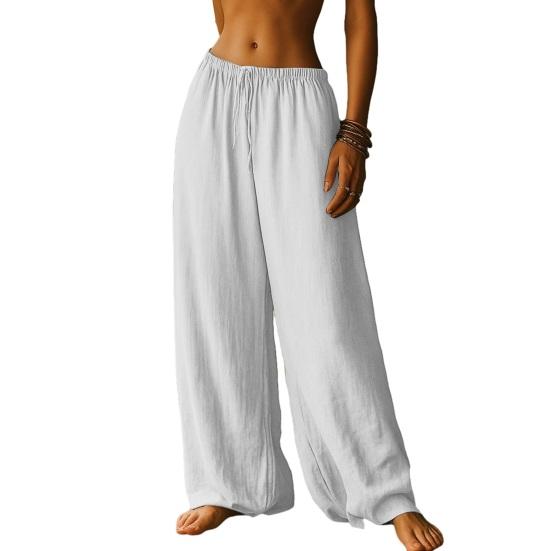 

Women Pants Elastic High Waist Adjustable Drawstring Wide Leg Loose Fit Trousers Pure Color Lightweight Breathable Pants S белый