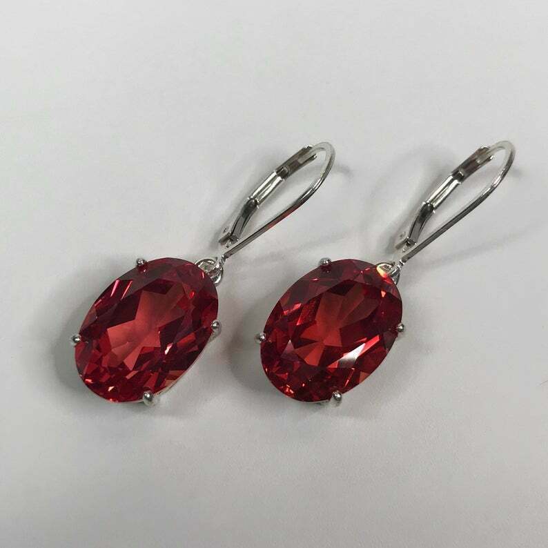 16cts Oval Cut Orange Padparadscha Sapphire Sterling Silver Leverback Earring For Women