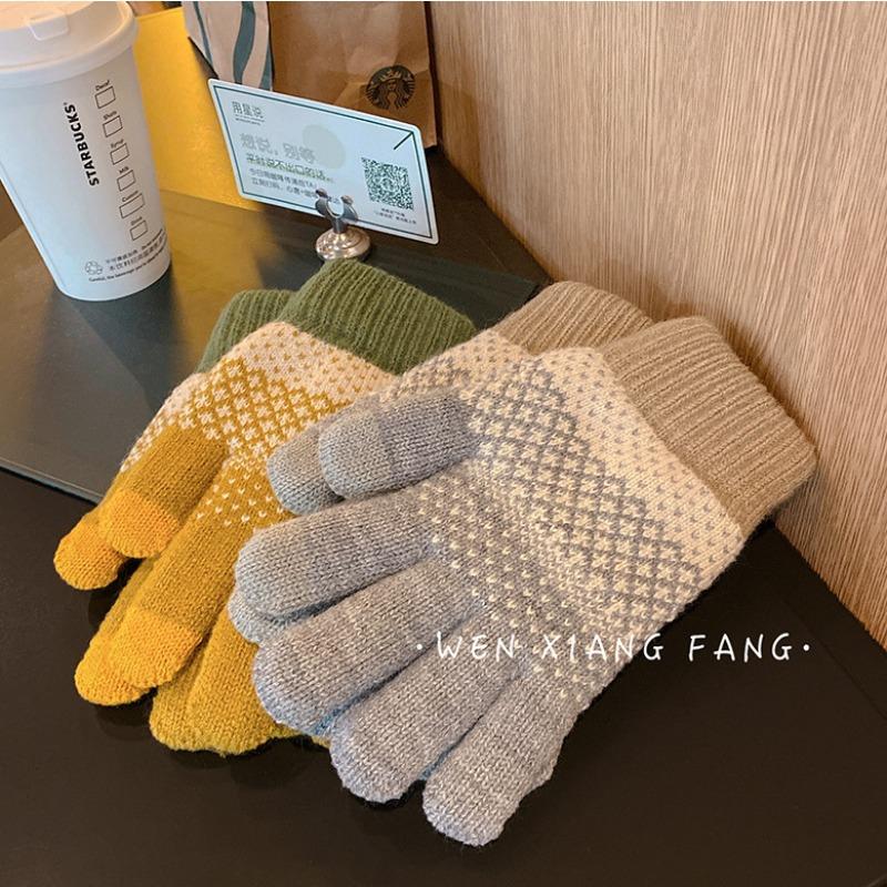 Retro Warm Student Touch Screen Five Finger Gloves for Women in Autumn and Winter Plus Velvet and Thickening  Cute Bicycling Couple's Fingers