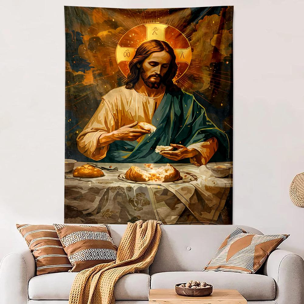 Jesus breaking bread spiritual art with halo Patterned tapestry for bedroom and living room home decor sofas