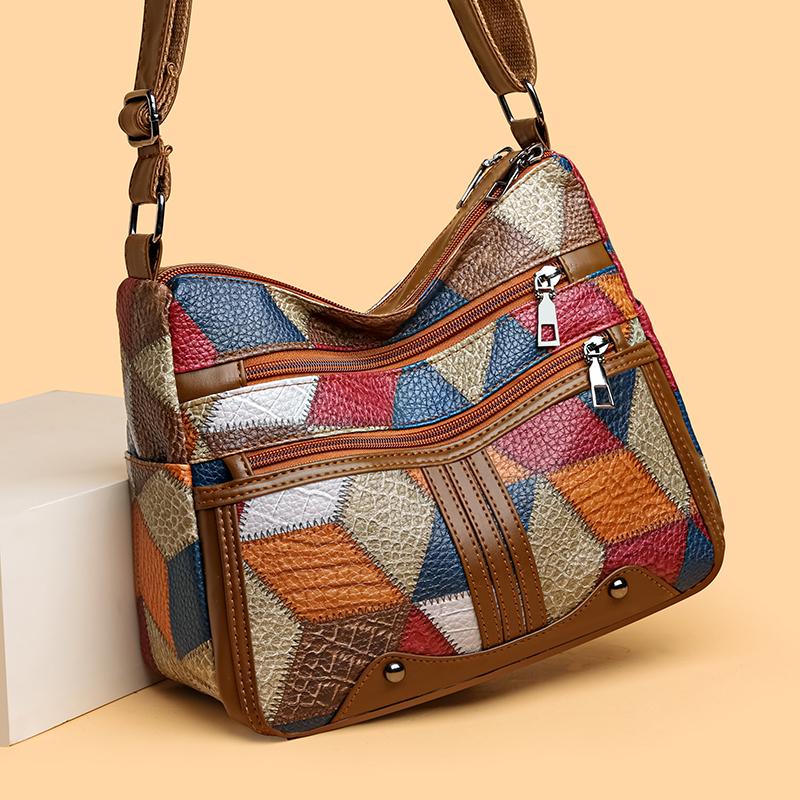 Women's Crossbody Bag Large Capacity Mother Bag Stitching Middle-Aged Soft Leather Shoulder Bag Mobile Phone Bag