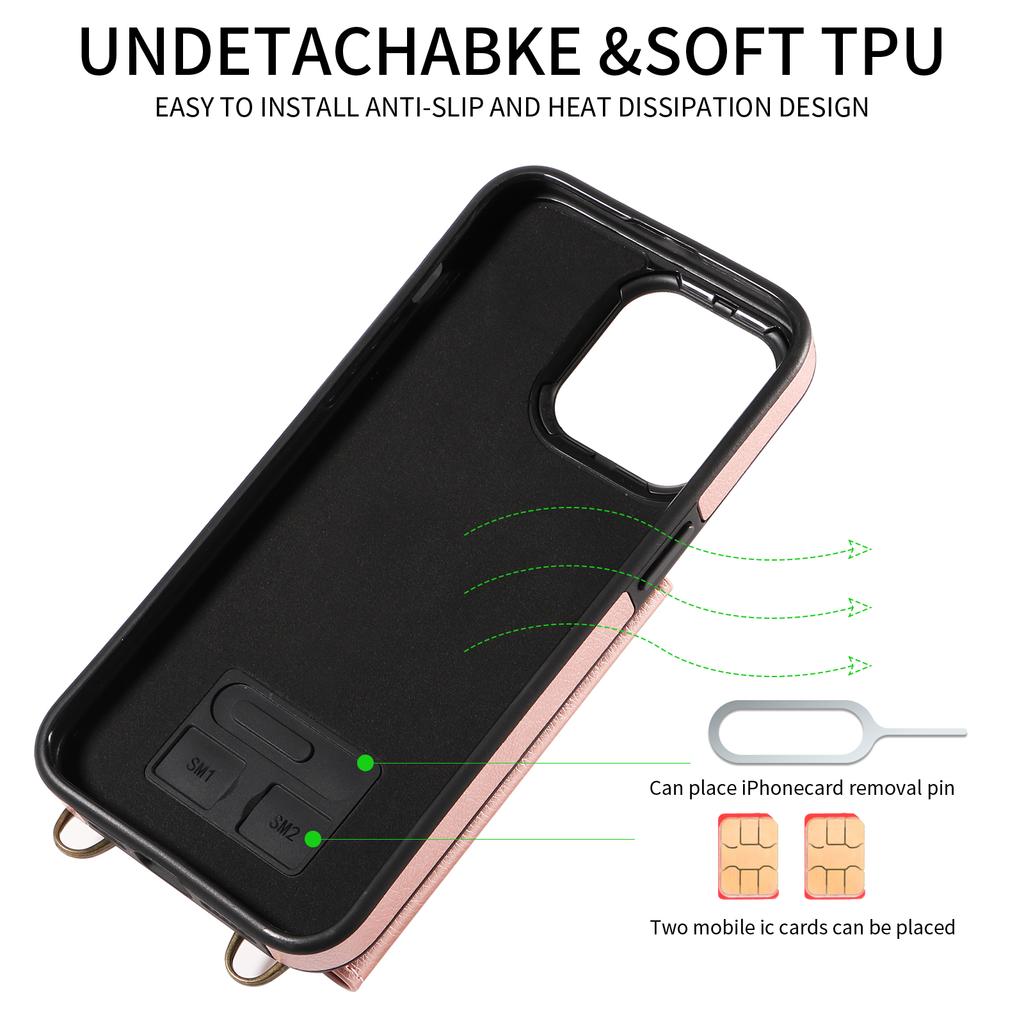 For iPhone 15 Series.for iPhone 15,15 Plus,15 Pro,15 Pro Max Shoulder Strap Rope Ring Bracket Design Card Holder Slots Lichee Pattern Cover Phone Case