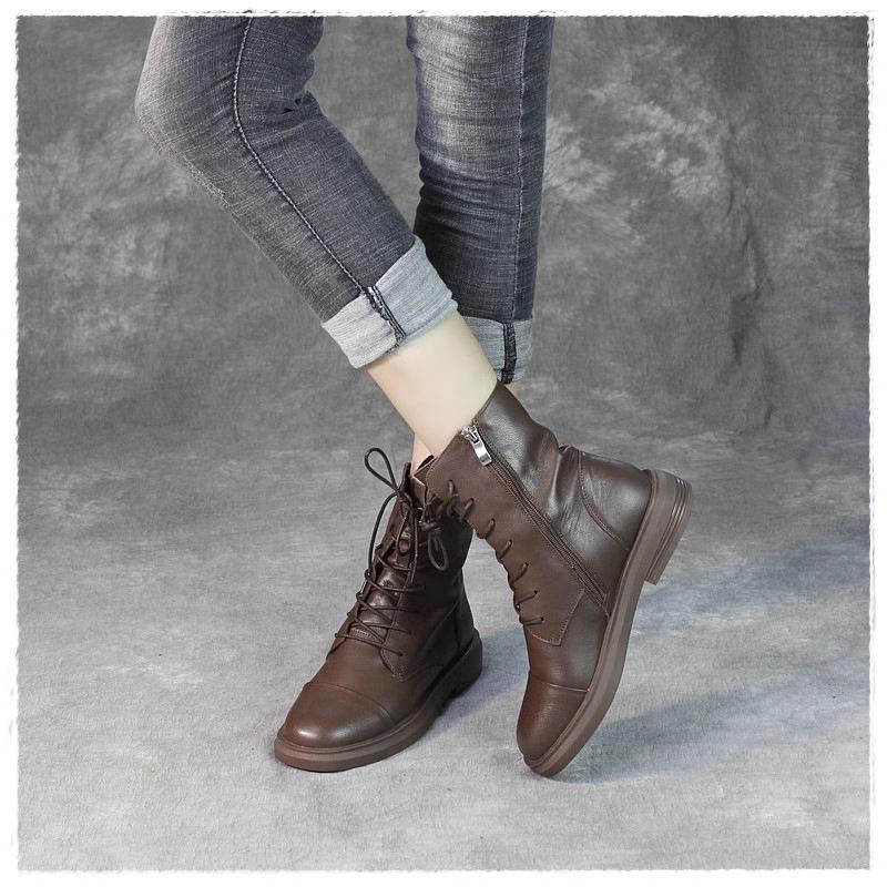 Mode Stiefeletten Frauen Echtes Leder Lace-Up Seite Reißverschluss Top Qualität Herbst Winter Dame Schuhe Handmade