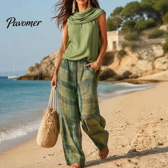 Casual Sleeveless Top Women Pants 2-Piece Set, Summer Ruffle Mock Neck Vacation Wear & Plaid Wide Leg Pants, Vintage Loose Outfit Set Relaxed
