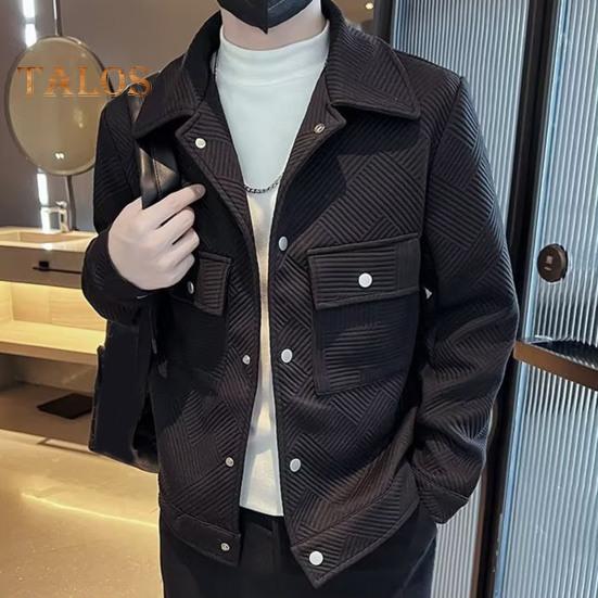 Herrenjacke Revers Langarm Pattentaschen Einreihiger Jackenmantel Einfarbig Gestreiftes Jacquardmuster Oberbekleidung