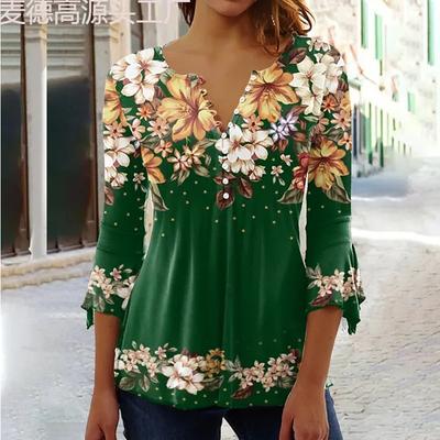 Nouveau T-shirt d'été à imprimé floral, col en V, manches trois-quarts