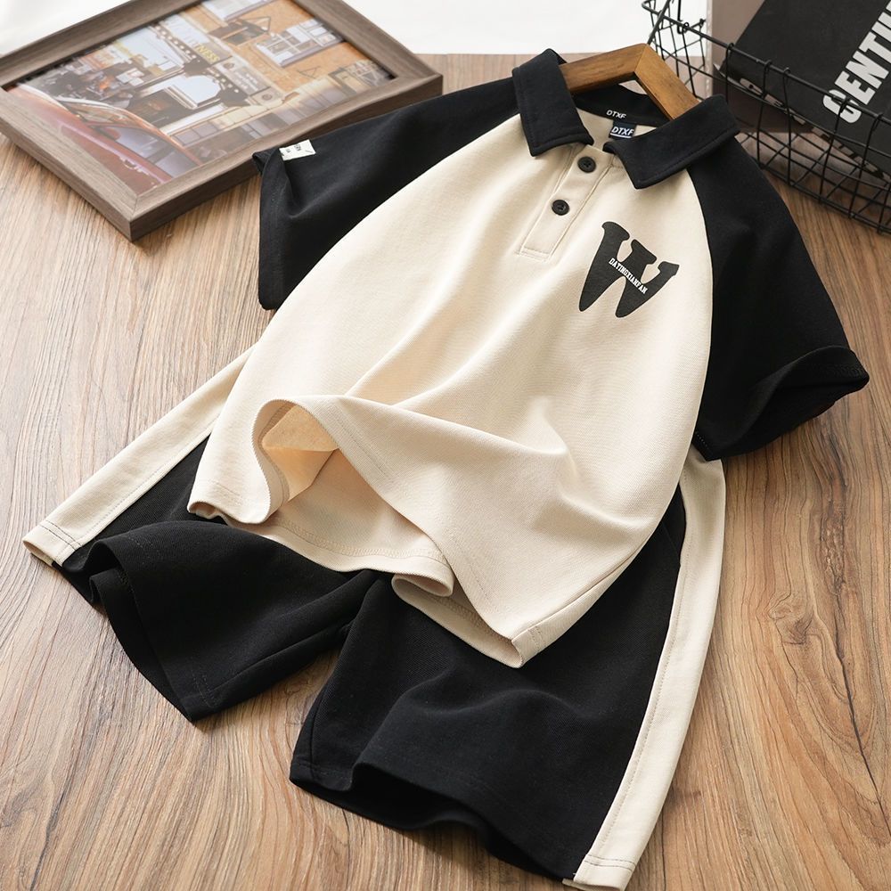 Boys' Summer Set Color Blocked Polo Short Sleeve Set Flip Collar Casual Two Piece Set