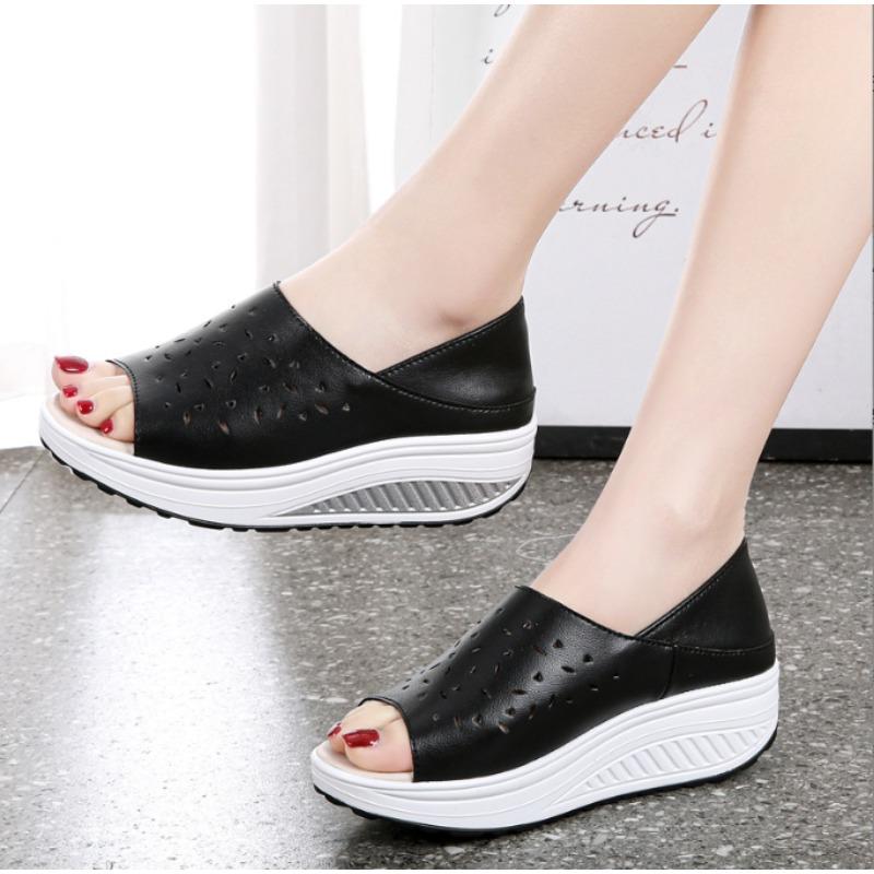 Genuine Leather Women's Sandals 2024 Summer New Platform Wedges Ladies Shoes Hollow Out Breathable Women Sandals Slippers