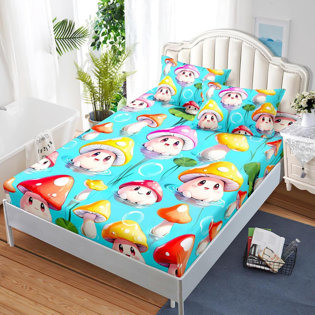 Cute Cartoon Mushroom Pattern Mattress Three-Piece Digital Printing Bedding Set Children Adult