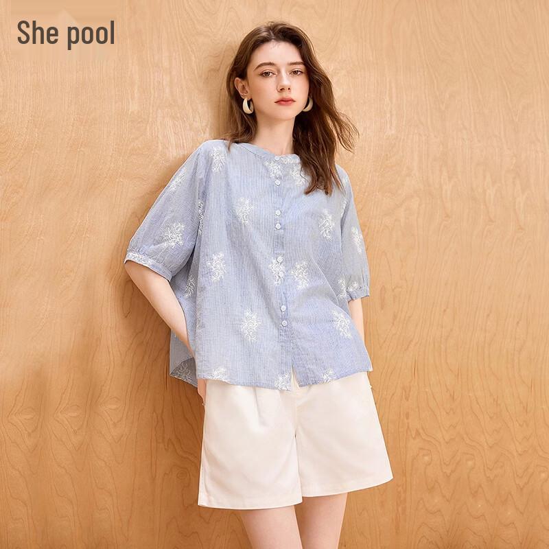 

Women s Stand-up Collar Embroidered Striped Shirt
