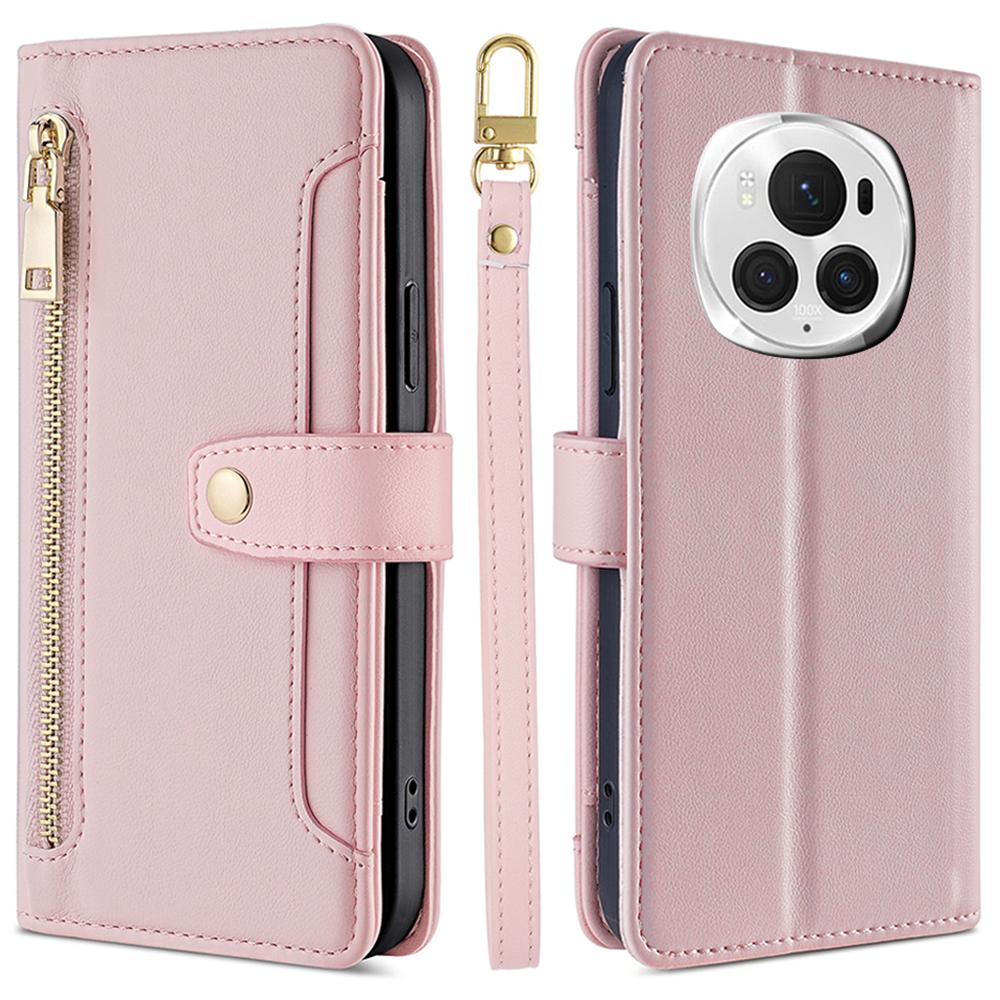 For Honor Magic6 Pro 5G Case Zipper Pocket Wallet Anti-Drop Leather Phone Cover with 2 Straps