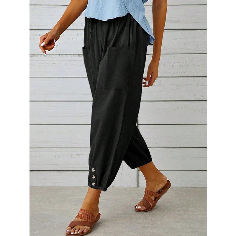 2026 Loose High-Waisted Buttoned Cotton Linen Wide-Leg Nine-Point Women's Pants
