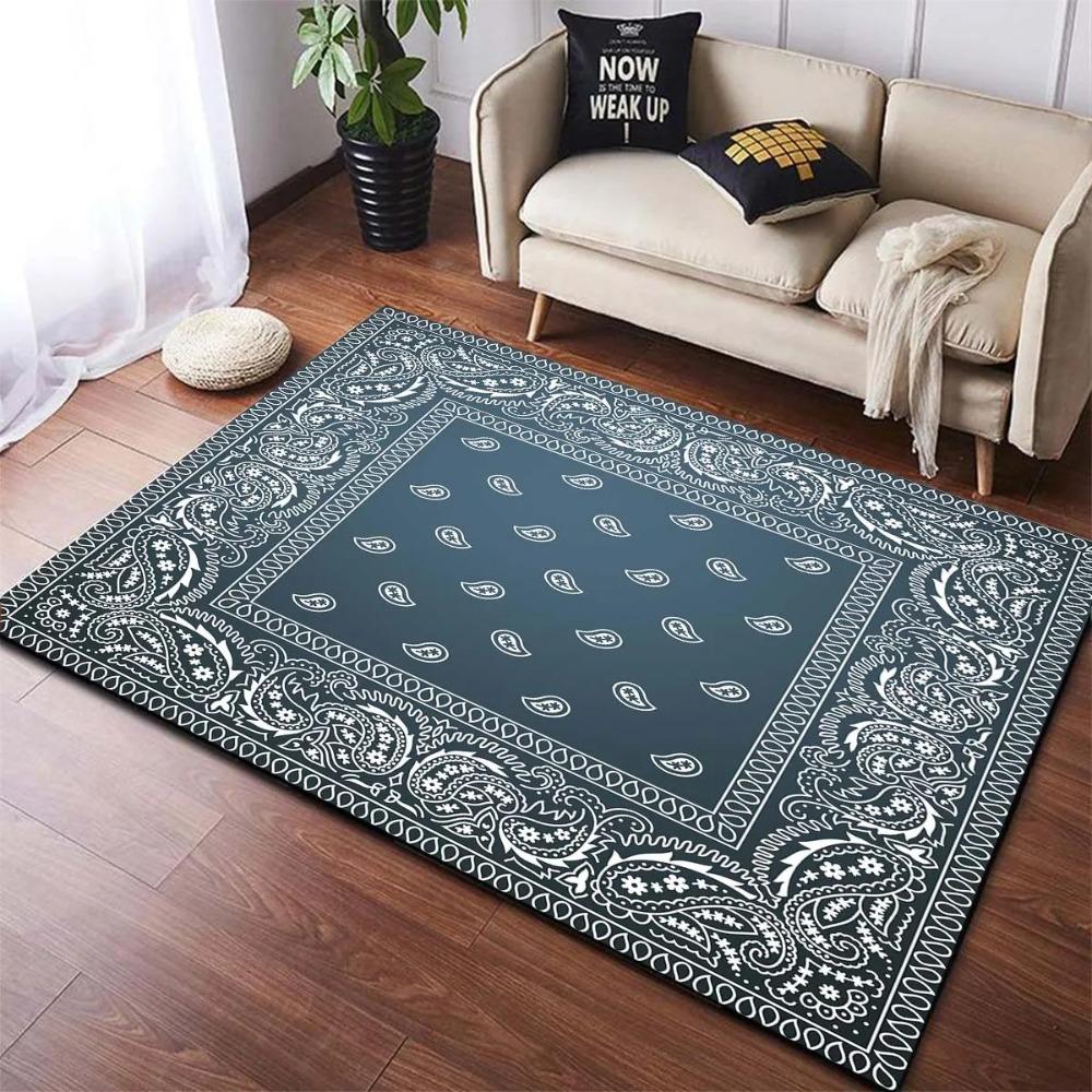 Paisley Pattern Carpet Black White Rug Blue Decorative Mat Symmetrical Border Living Room Mat Non-Slip Home Decoration Floor Rug