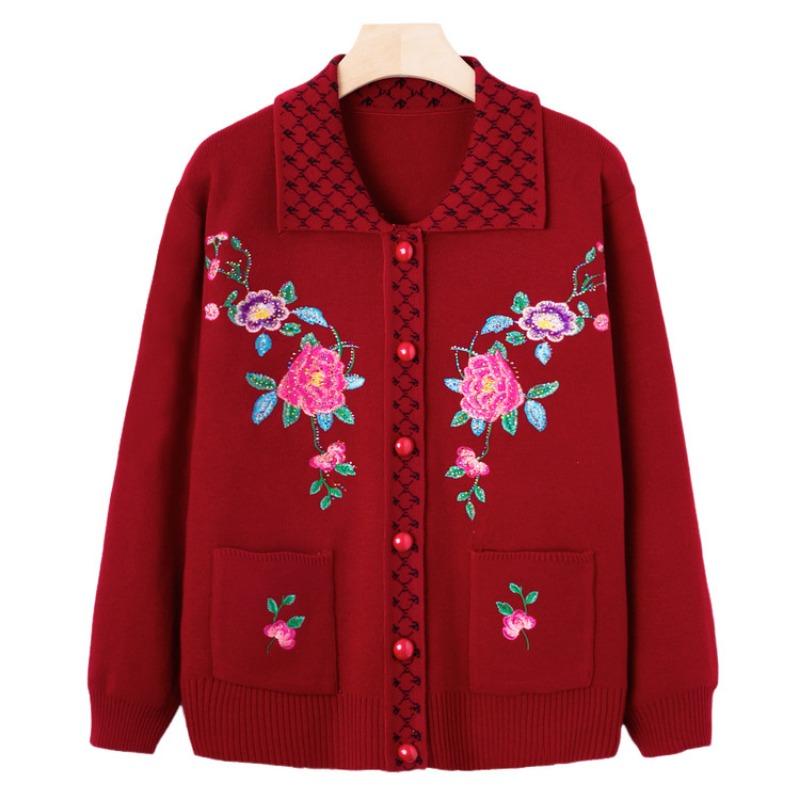 Middle-aged and Old Women's Clothing New Autumn Embroidered Sweater Jacket Grandma Knitted Sweater Lapel Top Mom Cardigan