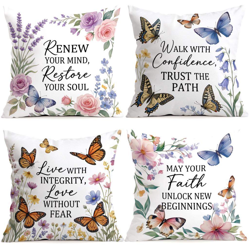 4 Stück Schmetterling Blume Motto Design Kissen Kissenbezug Polyester Kissenbezug Dekokissen Kissenbezug Haus Auto Sofa Dekor