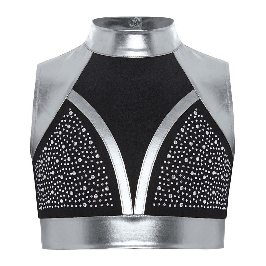 Girls Shiny Dance Top Mock Neck Sleeveless Cutout Back Rhinestones Color Block Metallic Crop Performance Outfit