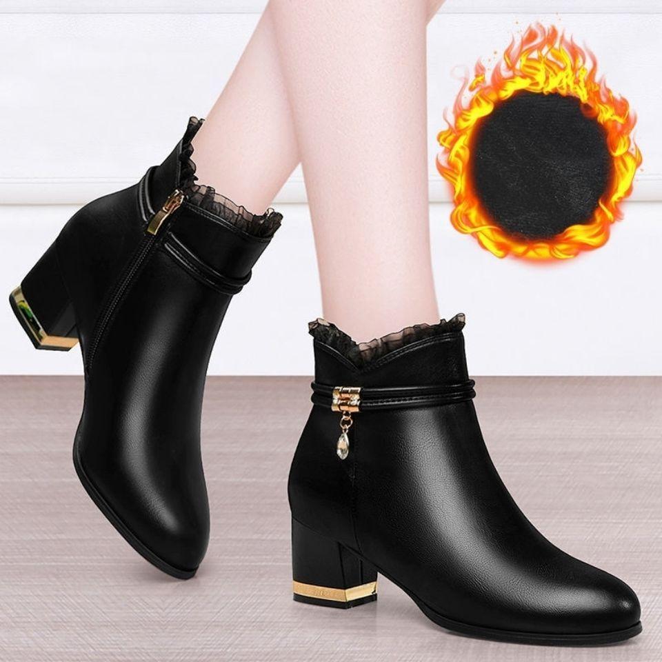 Chunky Heel 6CM Booties Solid Color Lace Splicing Women's Ankle Boots Large Size Warm Footwear Trend  Female Short Shoes