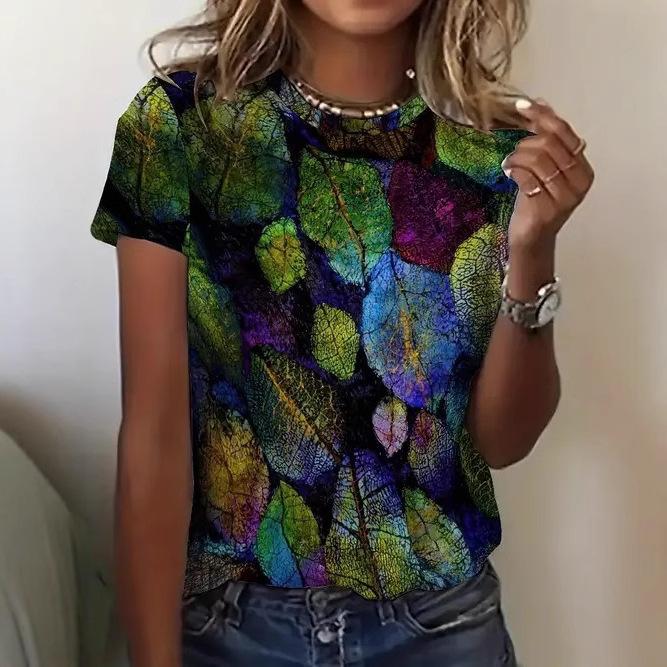 Summer Round Neck 3D Flower Butterfly Pattern Print Top Fashionable Casual Retro Short Sleeved Women's T-shirts