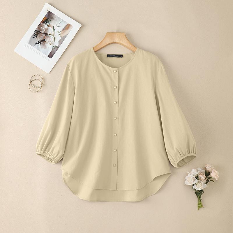 

ZANZEA Women Casual Round Neck Solid Color 3/4 Sleeve Blouse абрикосовий