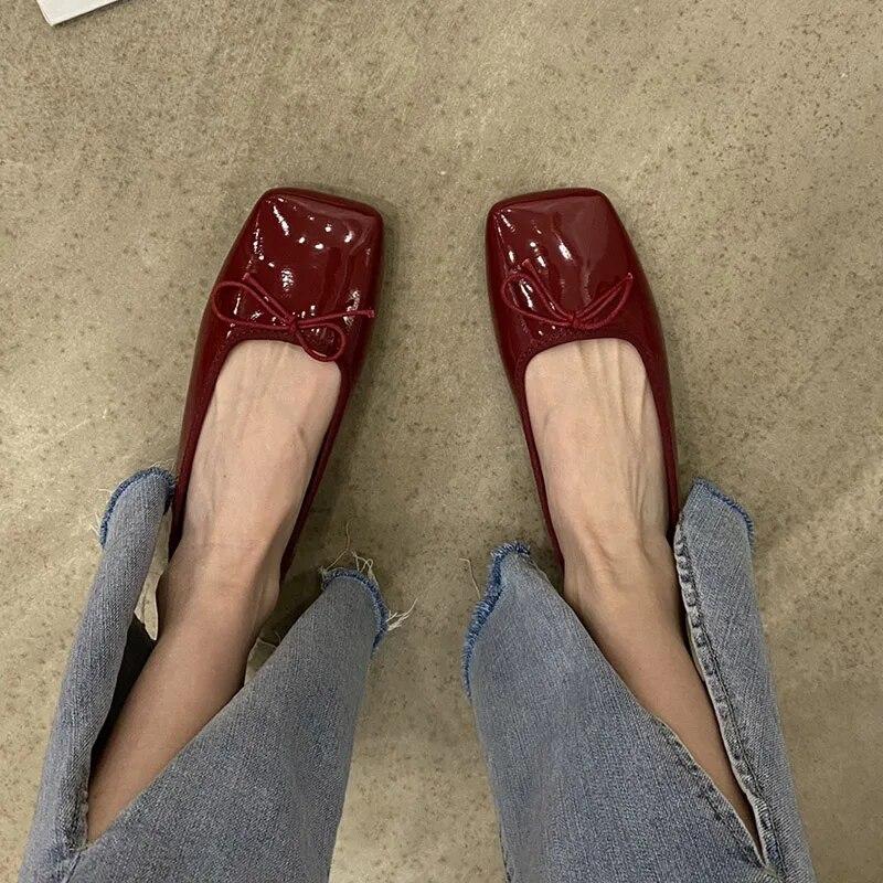 Damen Ballerinas Lackleder Bootsschuhe Bowtie Slip on Flache Schuhe Damen Ballerinas Weiß Schwarz Frühling Herbst