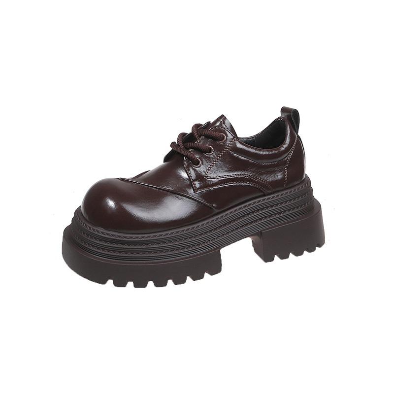 Leather small British big head small leather shoes women's spring new lace-up thick-soled heightening single shoes