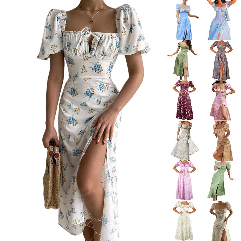 Women's Summer V-neck Flower Floral Print Pocket Short Sleeve Dress