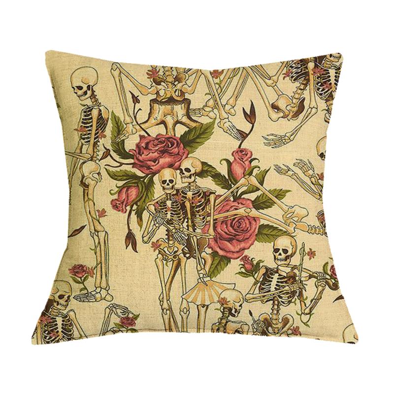 Undead Flower Skeleton Print Pattern Cushion Cover for Home Living Room Sofa Decoration Square Pillow Cover