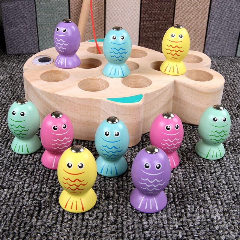 Children's Wooden Kitten Magnetic Fishing Set Toy1-2-3Year-Old Boys and Girls Educational Fishing