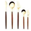 Retro Wooden Handle Stainless Steel Dinnerware Gold-Plateing Elegant Western Food Fork Spoon Knife Tableware