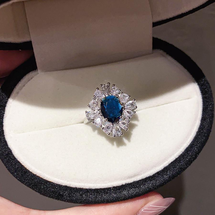 Copper Zircon Oval Shape Open Ring For Women Trendy Accessories SilverBlue