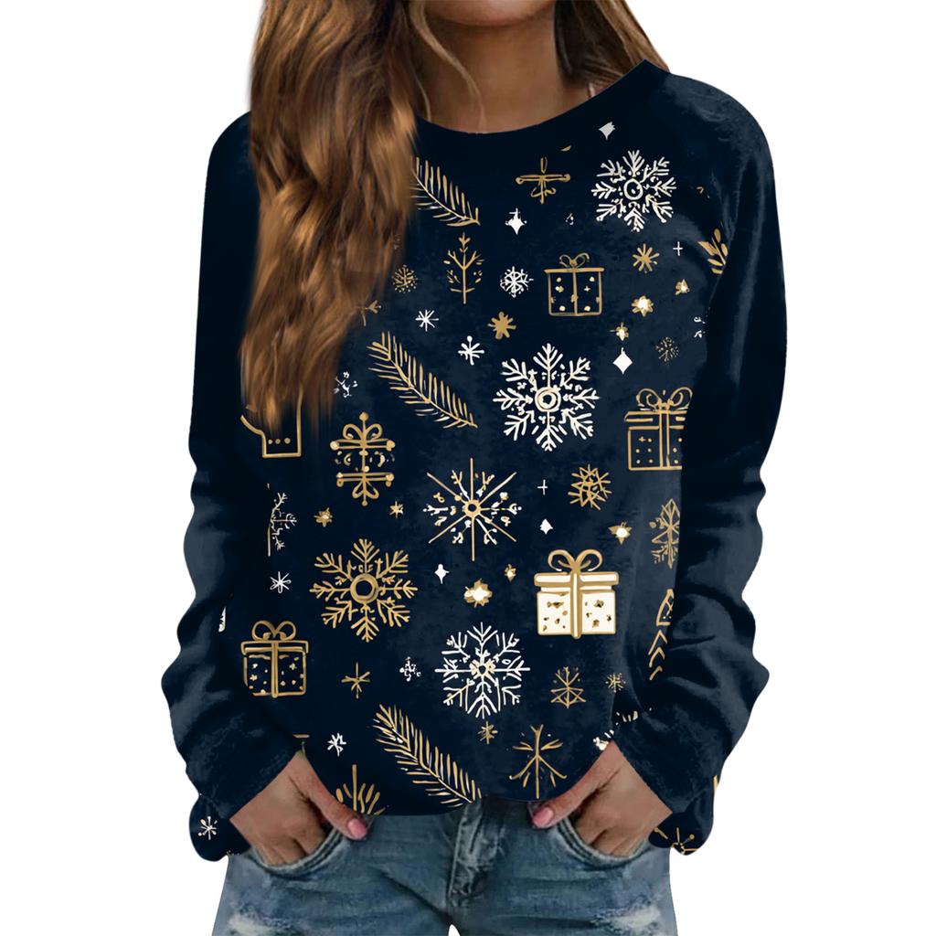 Women's Fashion Casual Long Sleeve Christmas Printed  Neck Sweatshirt Top
