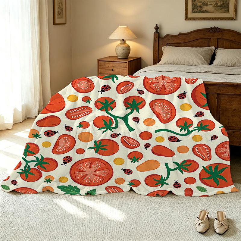 Flannel Fleece Blanket,Tomato Ladybug Pattern, High-Density Plush, Soft & Cozy, Home Decor for Halloween & Christmas
