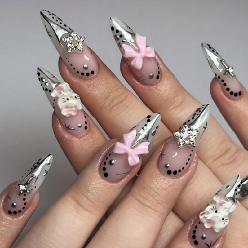 Metallic Style Long Pointed Nail Wearable Art Japanese Cute Sweet Fake