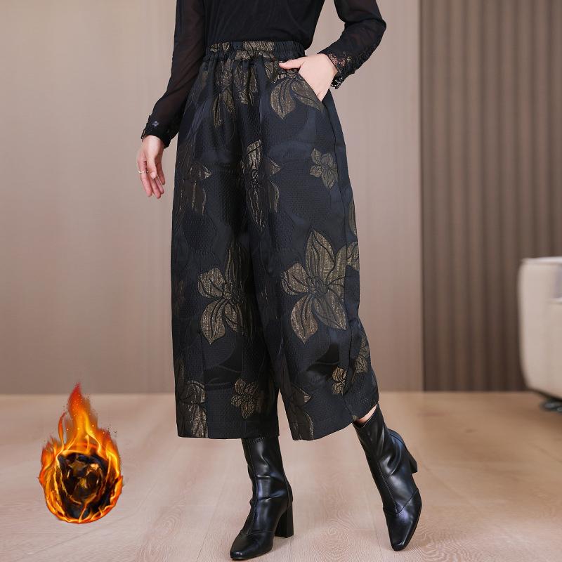 Bloomers Women's Winter Fleece Thickened Bud Pants High Waist Printed Wide Leg Pants Casual Pants