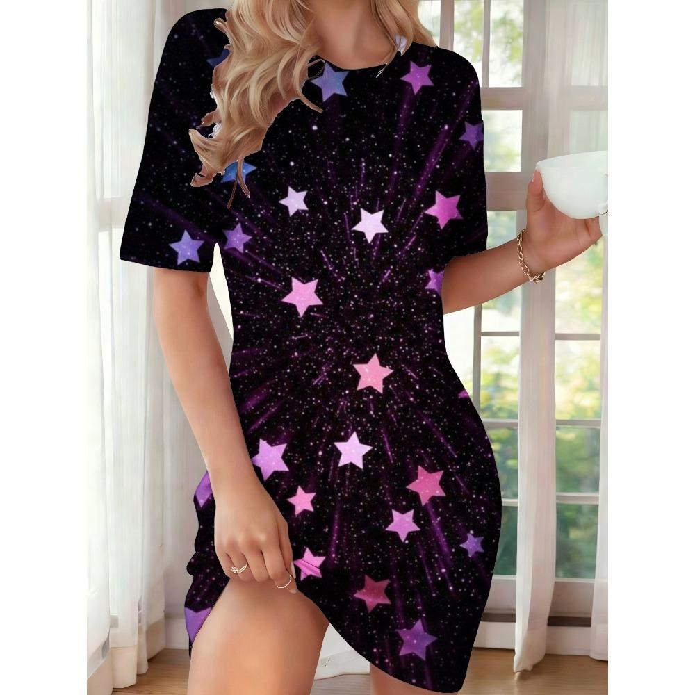 Summer Women’s Fashion Elegant Dress Flower 3D Printed Dress Loose Breathable Soft Plus-size Casual Vacation Crew Neck Short-sleeve Dress