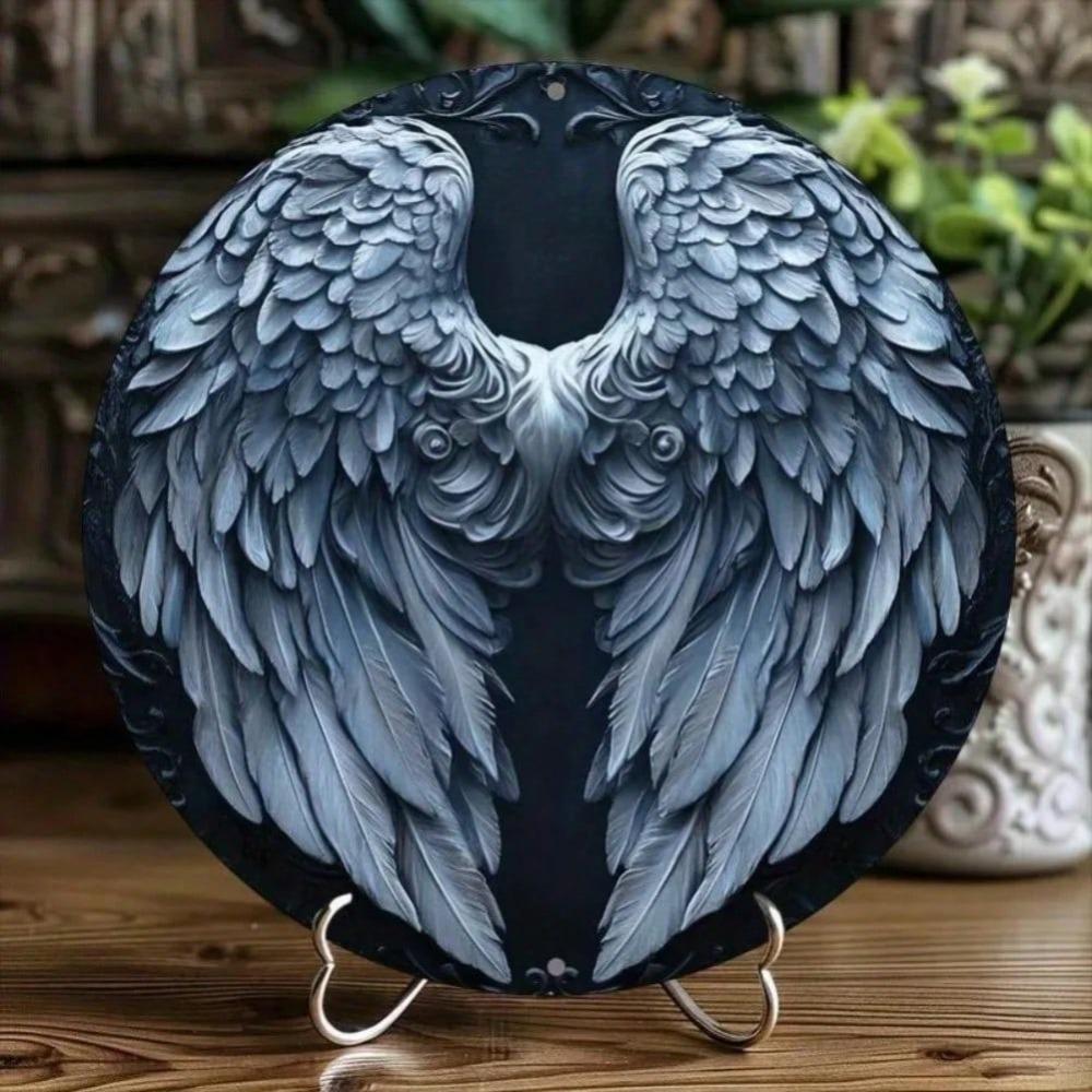 Vintage Angel Wings Aluminum Round Metal Wall Art for Home Cafe Decor