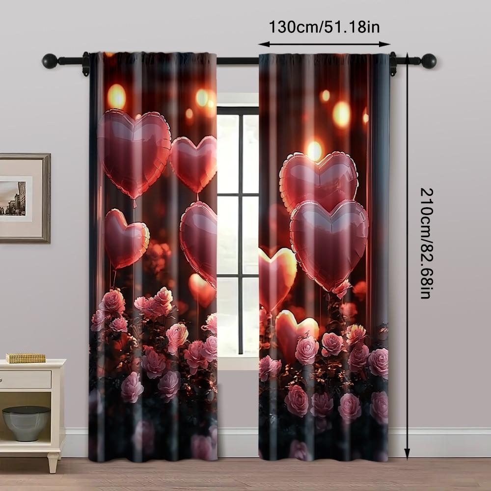 2pc,  Valentine's Day Window Treatment Curtains Romantic Heart Theme Roses Durable Polyester,Without Electricity Spring Party &