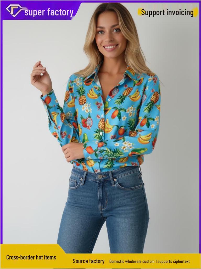 2026 Stylish Blue Floral Print Women's Loose Fit Shirt