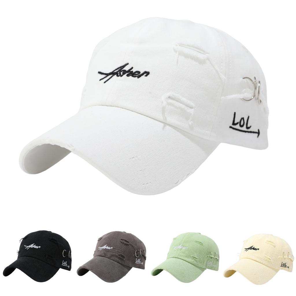 Letter Embroidered Baseball Cap Men's American Ripped Soft Top Cap Women's Summer Big Head Circumference Showing Face Small Sunscreen Cap