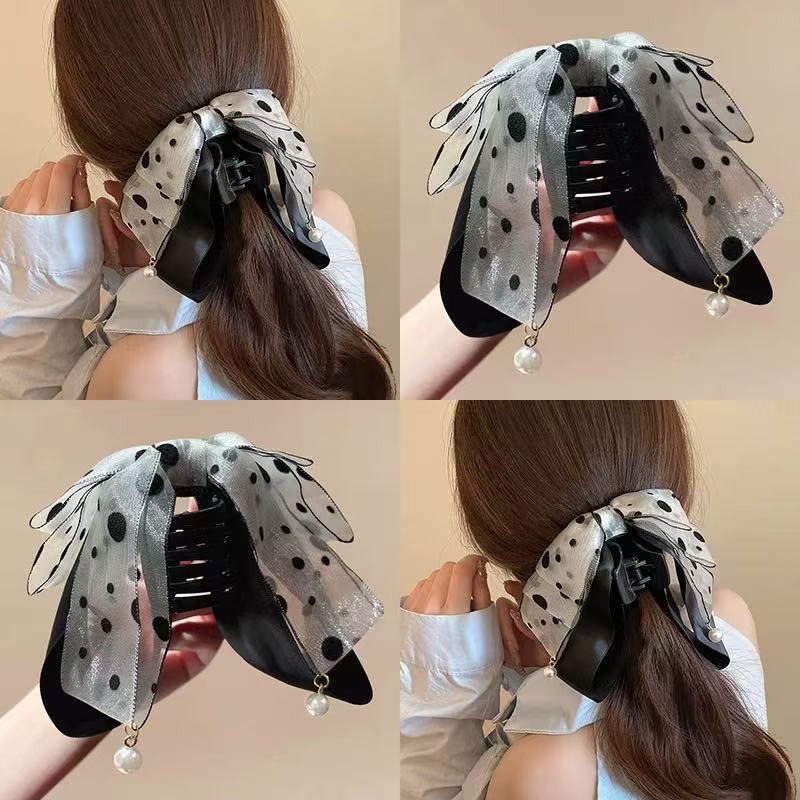 Korean Style Satin Dot Bow Hair Clips Banana Clip Women's Hair Accessories Fashion Ponytail Barrettes Hair Claws Hairpins
